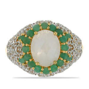 Pozlacený Stříbrný Prsten s Duhovým Měsíčním Kamenem a Brazilským Smaragdem, Velikost: 59-58
