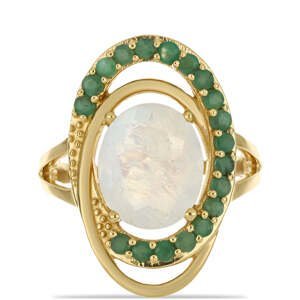 Pozlacený Stříbrný Prsten s Duhovým Měsíčním Kamenem a Brazilským Smaragdem, Velikost: 59-58