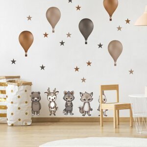 INSPIO dětské samolepky na zeď - Lesní zvířátka s balóny v hnědých barvách