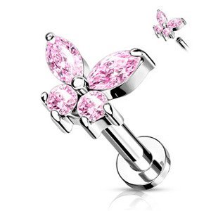 Šperky4U Labreta /  helix / tragus piercing -  motýlek, 1,2x6mm, barva: růžová - LB0023P-1206