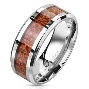 Šperky4U Pánský ocelový prsten dekor dřevo - velikost 65 - OPR1837-65