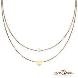 Šperky4U Dvojitý zlacený ocelový náhrdelník se srdíčkem a perličkou - OPD0225-RD