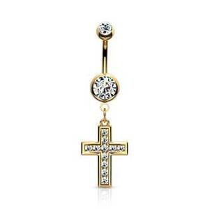 Šperky4U Zlacený piercing do pupíku - křížek čiré zirkony - WP0034-GDC