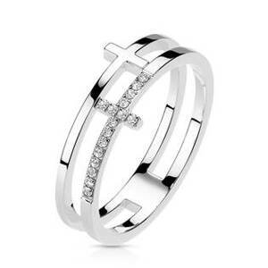 Šperky4U Dvojitý ocelový prsten s křížem - velikost 60 - OPR1871ST-60