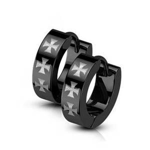 Šperky4U Černé ocelové náušnice - kroužky s maltézskými kříži - OPN1832