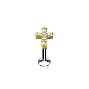 Šperky4U Zlacený piercing do brady křížek 1,2 x 6 mm, čiré zirkony - LB0027GDC-1206