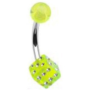 Šperky4U Piercing do pupíku - hrací kostka, svítivě zelená/čiré zirkony - BA01031-CG