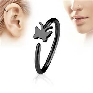 Šperky4U Černý piercing do nosu/ucha kruh s motýlkem - N0056-K