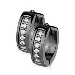 Šperky4U Černé ocelové náušnice - kroužky se zirkony - OPN1154-K