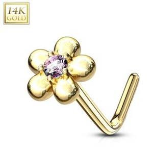 Šperky4U Zlatý piercing do nosu kytička - růžový zirkon, Au 585/1000 - ZL01195P-YG