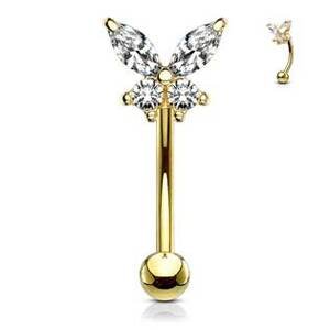 Šperky4U Zlacený piercing do obočí motýlek, čiré zirkony - OB0005-GD