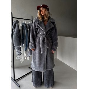 Šedý dlouhý teddy zavazovací kabát LEYLA Velikost: L